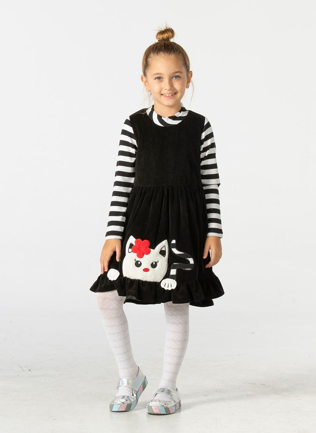 Yumoş Çizgili Siyah Kız Çocuk Elbise - Casabony Kids