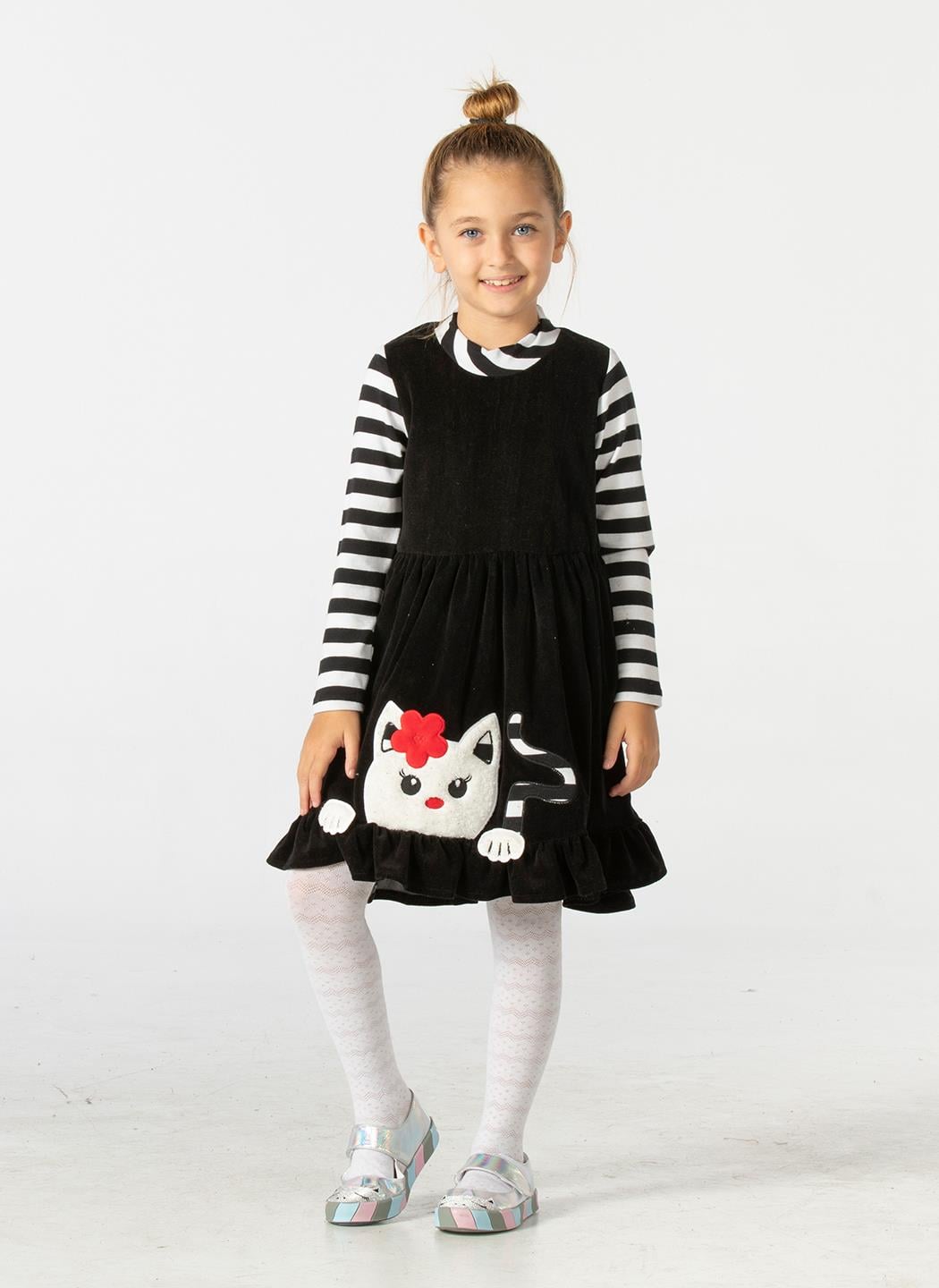 Yumoş Çizgili Siyah Kız Çocuk Elbise - Casabony Kids